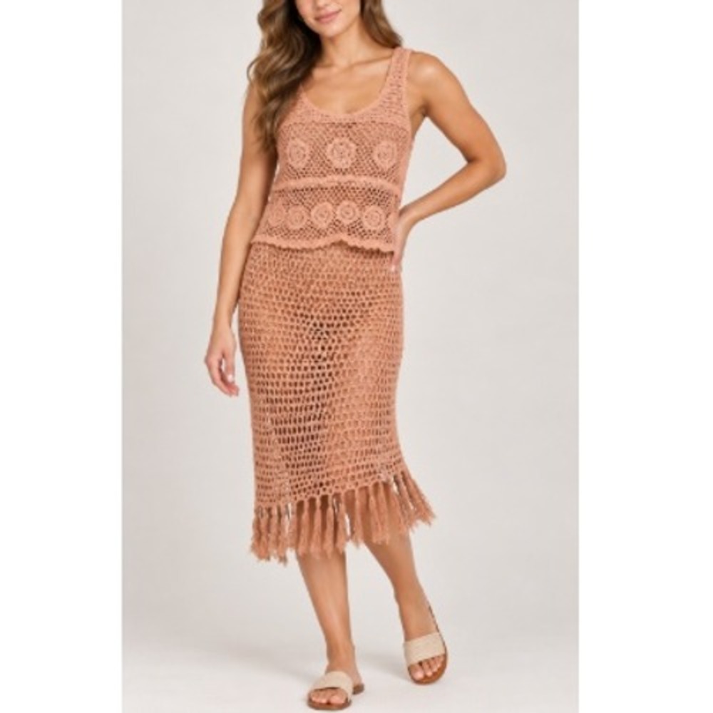 Saints & Hearts Women's Terracotta Crochet Crop Top with Fringe Skirt Set SIze S